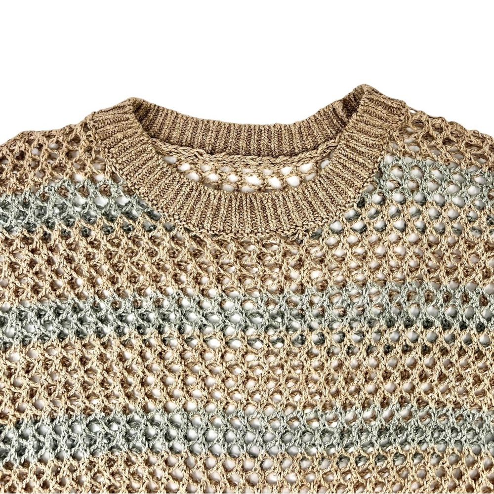 Aime Leon Dore Loose Knit Striped Brown Green Linen Mesh Knit Crewneck Sweater - Picture 3 of 8